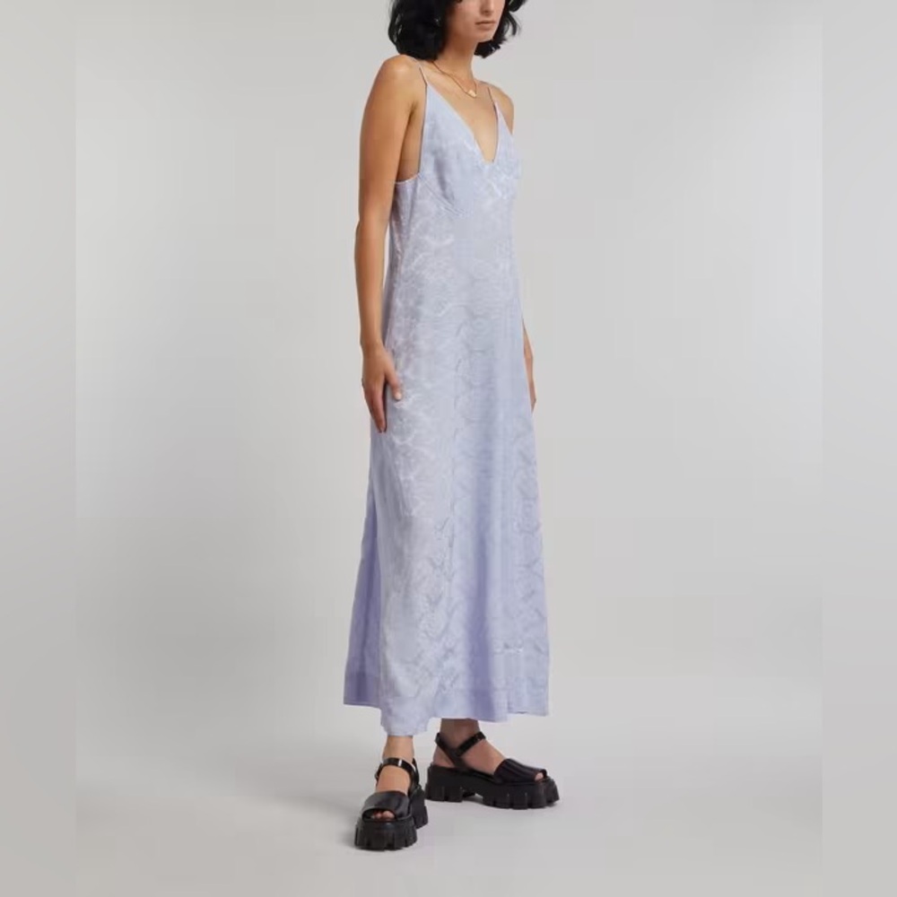 GANNI brocade print jacquard satin maxi slip dress blue small